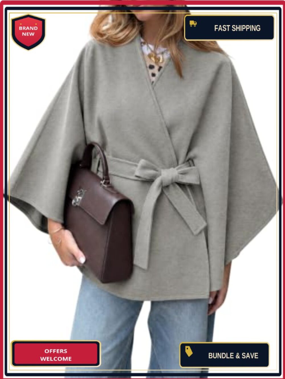 Womens Batwing Sleeve Poncho Pea Coat Oversized Cloak Cape Winter Coat